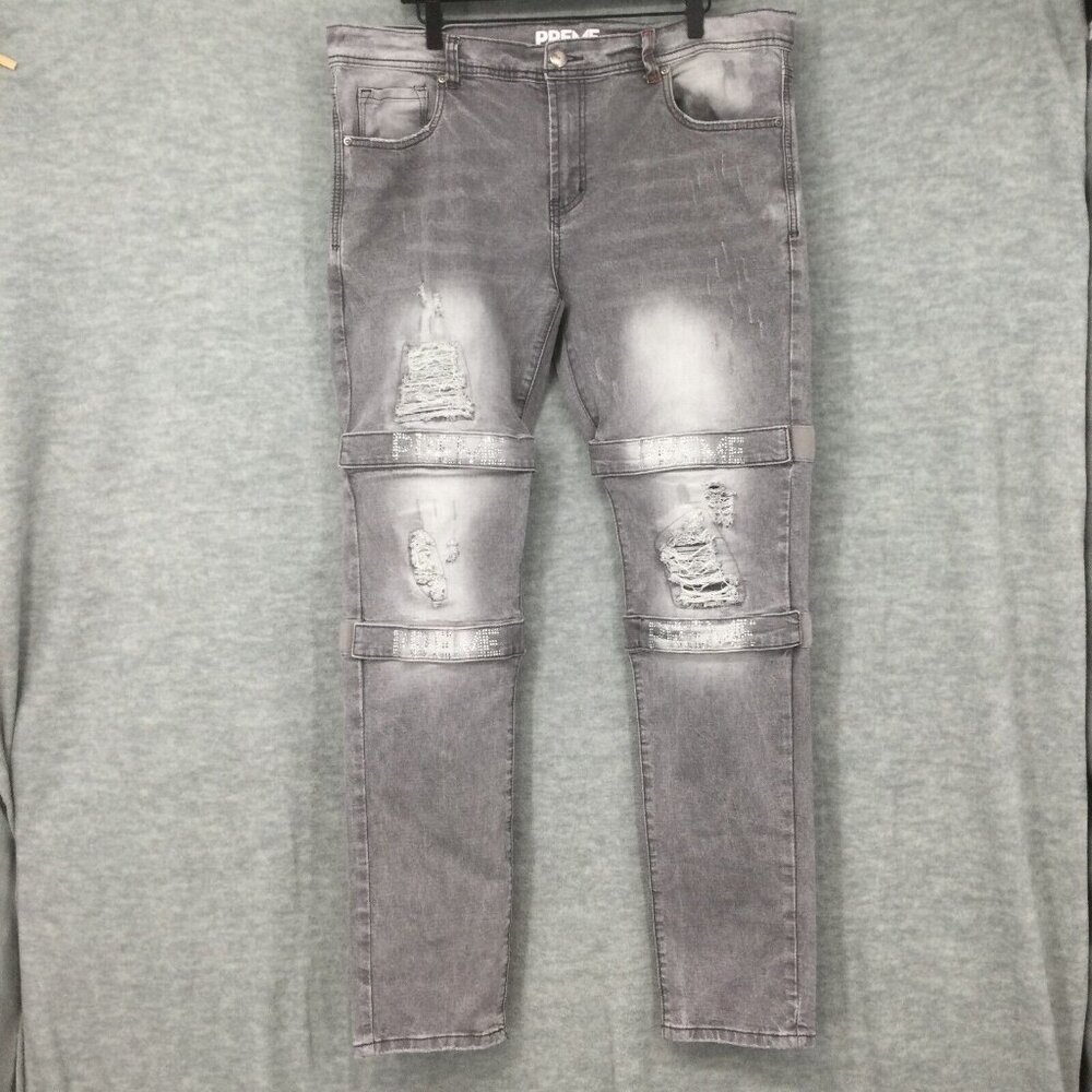 Preme Denim Jeans 38x34 Grey Black Strapped Berlin Distressed Stretch